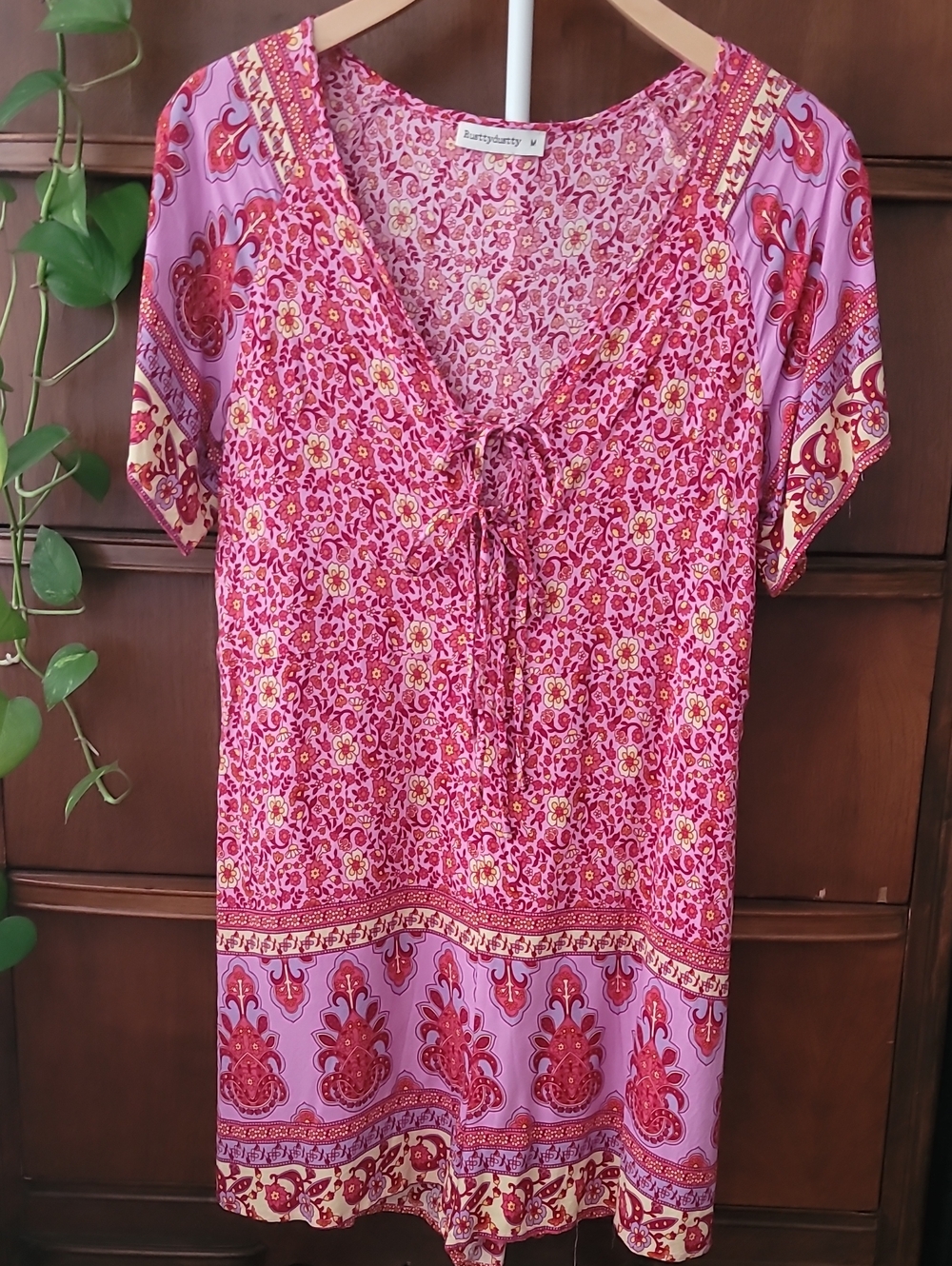 RusttyDustty Boho Festival Romper Purple and Pink Floral Tie Front